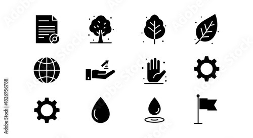 Minimalist icon set featuring nature, technology, and business elements in black and white