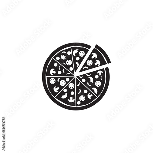 Stylized pizza graphic with a slice taken out, featuring mushroom and pepperoni