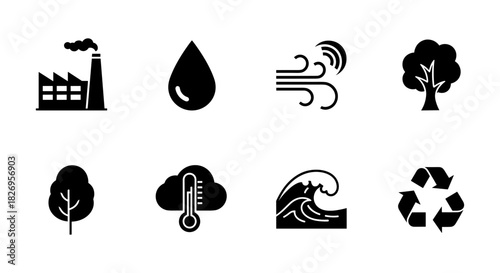 Unique collection of nature and industry icons in bold silhouette style