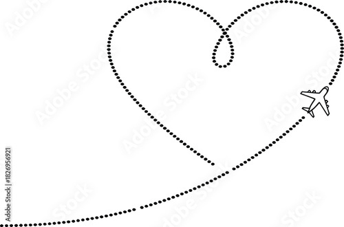 Airplane flying with heart shaped dotted line trail, romantic travel concept vector illustration for honeymoon or vacation.