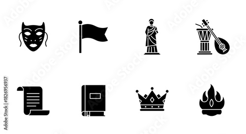 Classical culture icons: theater, music, history, and royalty in silhouette style