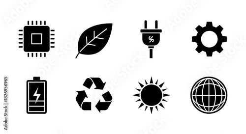 Eco-friendly technology icons: energy, nature, and sustainability symbols in flat design