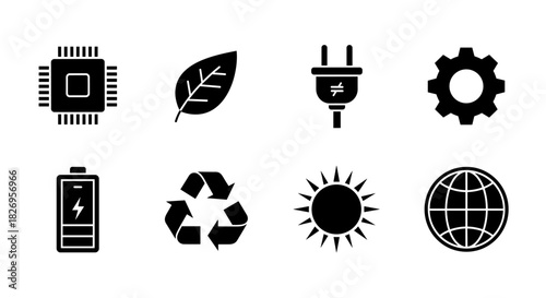 Eco-friendly technology and sustainable energy icons in silhouette style