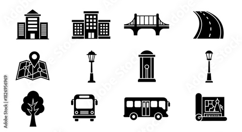 Urban elements set featuring buildings, transportation, and street icons in silhouette style
