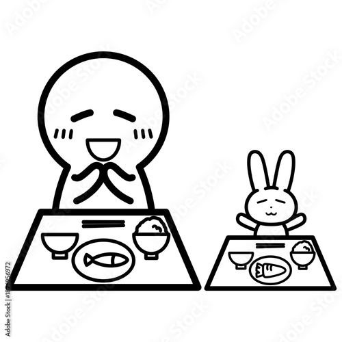 ぬいぐるみと並んで食事をする人物　イラスト