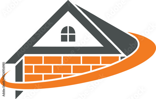 Vector logo of a house with an orange brick wall and dark gray roof, encircled by a dynamic swoosh, for construction or real estate.
