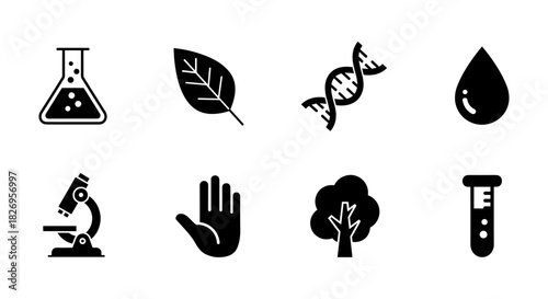 Set of science and nature icons: dna, microscopy, and more in bold silhouette style