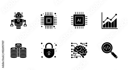 Monochrome technology icons: robot, chip, ai, graph, coins, lock, brain, code