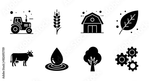 Farming symbols set: tractor, barn, cow, and more in modern black silhouette design