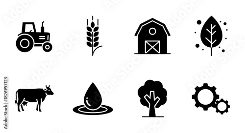 Minimalist farming icons set featuring barn, tractor, and cow in black silhouette