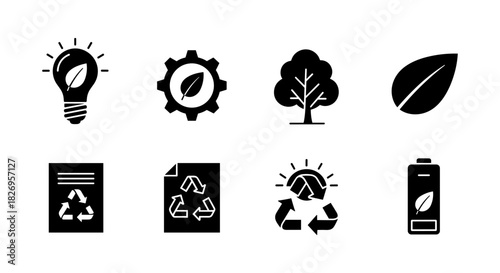 Eco icons set: sustainable energy and recycling symbol collection