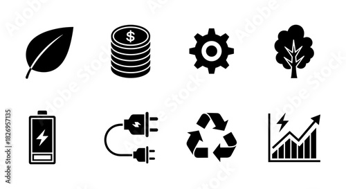 Eco-friendly icons collection featuring nature, technology, and energy symbols in bold silhouette style