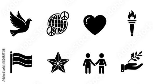 Peace and unity icons set: dove, globe, heart, torch, flag, star, partners, olive branch