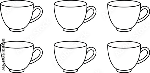 Coffee cup line art set, vector tea mug outlines, simple kitchen drinkware icons, black and white illustrations.