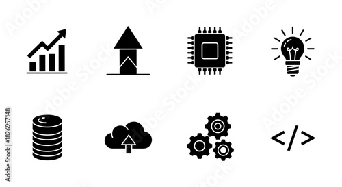 Minimalist business and technology icons: growth, innovation, and cloud computing
