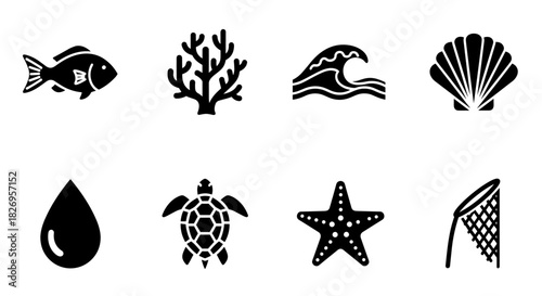 Silhouette marine icons set featuring fish, coral, wave, shell, water, turtle, starfish, and net