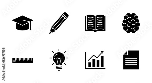 Education and creativity icons: graduation, pencil, book, brain, ruler, lightbulb, graph, paper
