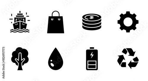 Icon set featuring transport, shopping, finance, technology, nature, and recycling symbols