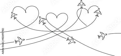 Continuous line drawing of airplanes with heart shaped flight paths, romantic air travel vector illustration background.