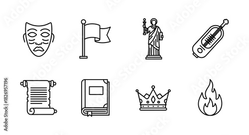 Set of linear icons: greek tragedy mask, flag, statue, violin, scroll, book, crown, fire