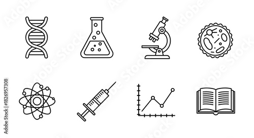 Science icon set: dna, microscope, and laboratory tools in linear design