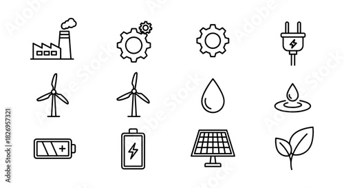 Sustainable energy icons: renewable power and eco-friendly technology in linear design