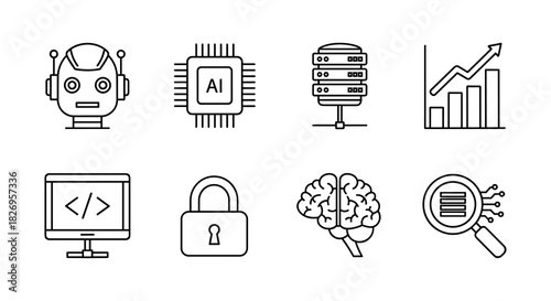 Linear icons of technology: ai robot, cpu, data server, analytics, coding, security, brain, research