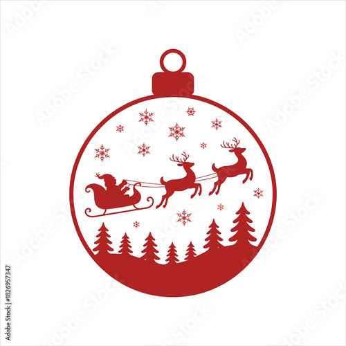 Red Christmas ornament shows Santa in a sleigh pulled by two reindeer gracefully