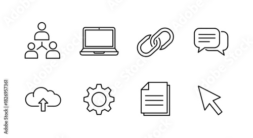 Minimalist business and technology icons: communication, cloud, and connectivity elements