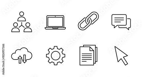 Minimalist outline icons: business and technology essentials