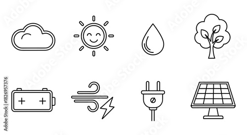 Eco-friendly outline icons for weather, energy, and nature concepts