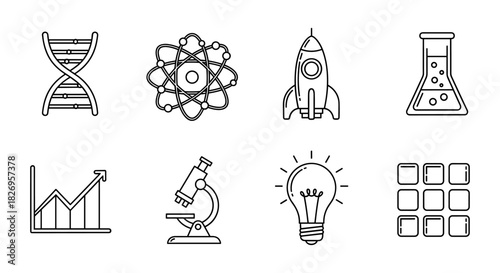 Linear icons of science and technology: dna, atom, rocket, flask, graph, microscope, lightbulb, grid