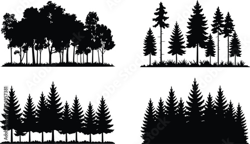 Forest silhouette vector set, pine tree nature landscape, wood woodland black collection, evergreen plant panorama.