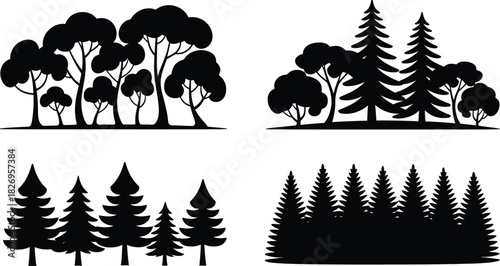 Forest tree silhouettes set, vector landscape collection, pine and deciduous woods, nature black design elements.