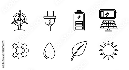Simple line icons of renewable energy and eco-friendly technology symbols