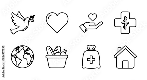 Charity and peace icons: dove, heart, cross, earth, and more in linear style