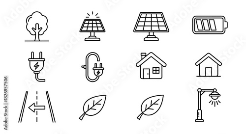 Minimalist icons of renewable energy and eco-friendly living
