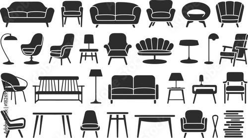 Large furniture silhouette set, vector icons of sofas, armchairs, tables, and lamps for interior design.
