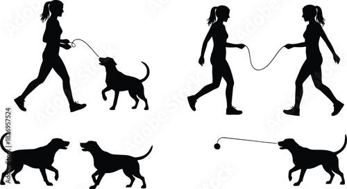 Dog interaction silhouettes, walking and play scenes, black outline, minimal art, pet bond, gesture variety, leash pose, companion activity
