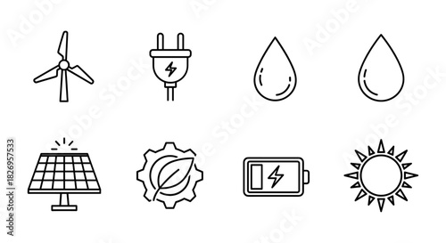 Eco-friendly energy icons: wind, solar, water, and sustainable solutions in linear style
