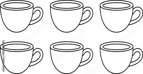 Minimalist coffee cup line art set, vector tea mug icon collection, simple kitchen drinkware illustration.