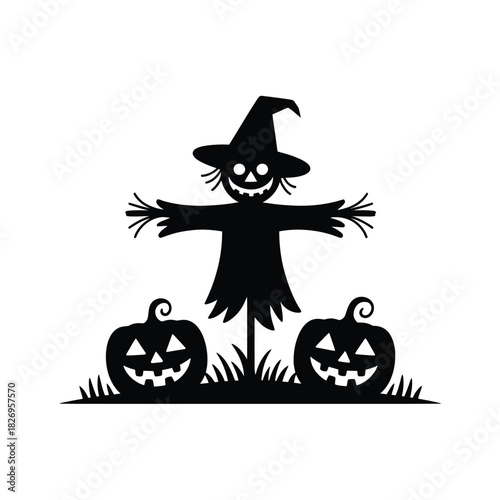 Spooky halloween scarecrow and jack o lanterns silhouette