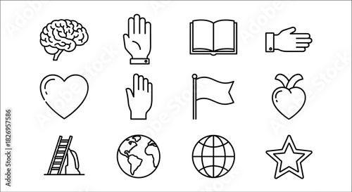 Minimalist icon set featuring brain, hand, book, heart, flag, ladder, globe, and star