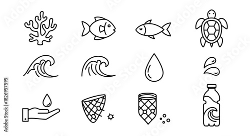 Marine conservation icons: line art symbols of ocean wildlife and pollution awareness