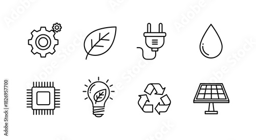 Eco-friendly icons: sustainable energy and technology in linear style