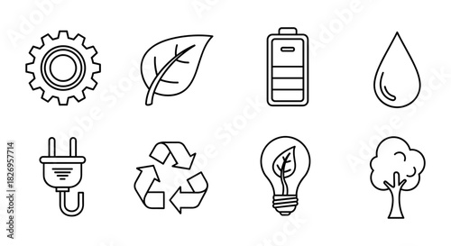 Eco-friendly line icons of sustainability and renewable energy
