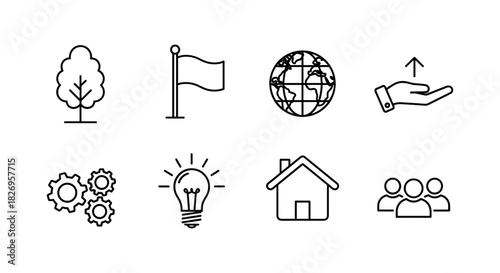 Minimalist outline icons set: sustainability, innovation, global connection, community