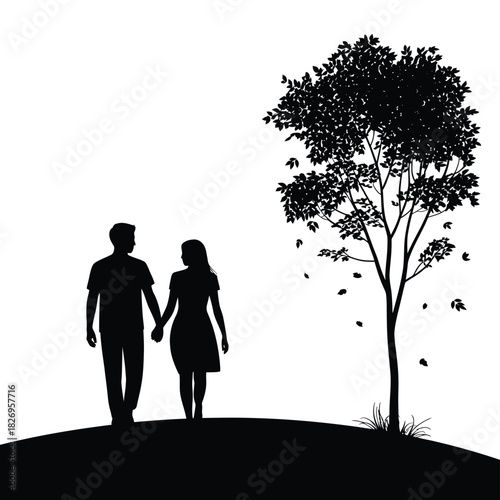 Silhouette of a couple holding hands walking beside a tree