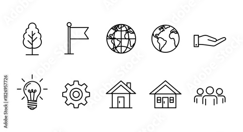 Minimalist line art icons: nature, geography, ideas, and community