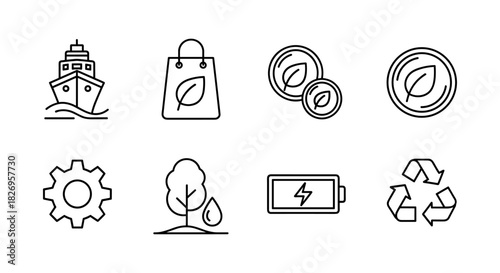 Eco-friendly icon set in minimal linear style featuring sustainability and nature symbols